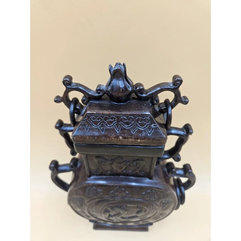 Hand Carved Chinese Jade Imperial Vase Incense Holder Floral Motif Lid Rings